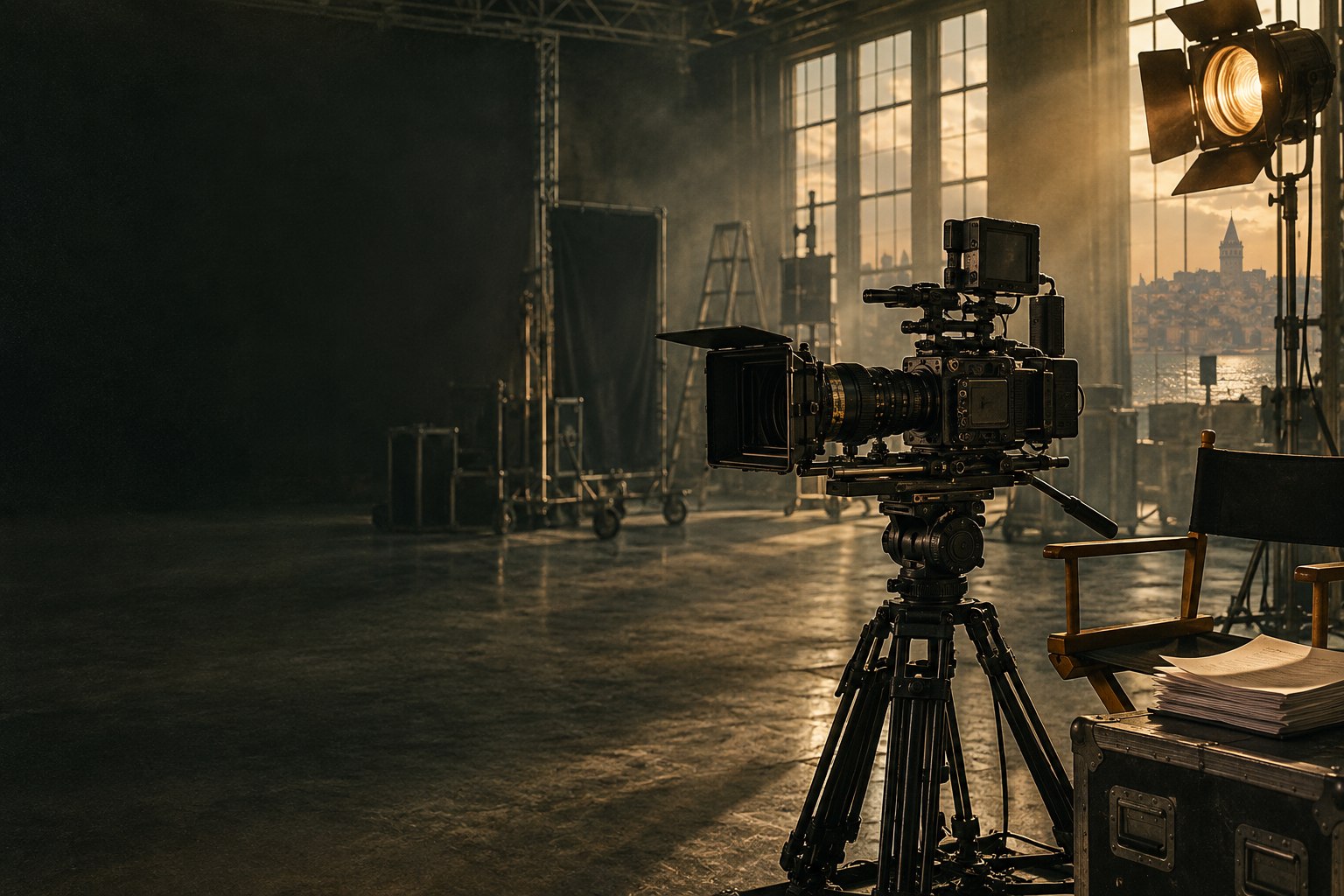 Sinematik ışıklarla bir film stüdyosu; yapay zekâ ile üretilmiş tanıtım görseli
